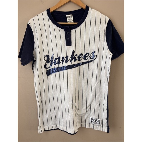 Pink Victoria’s Secret Yankees Sequin Baseball T-Shirt, Size Small - Picture 1 of 5